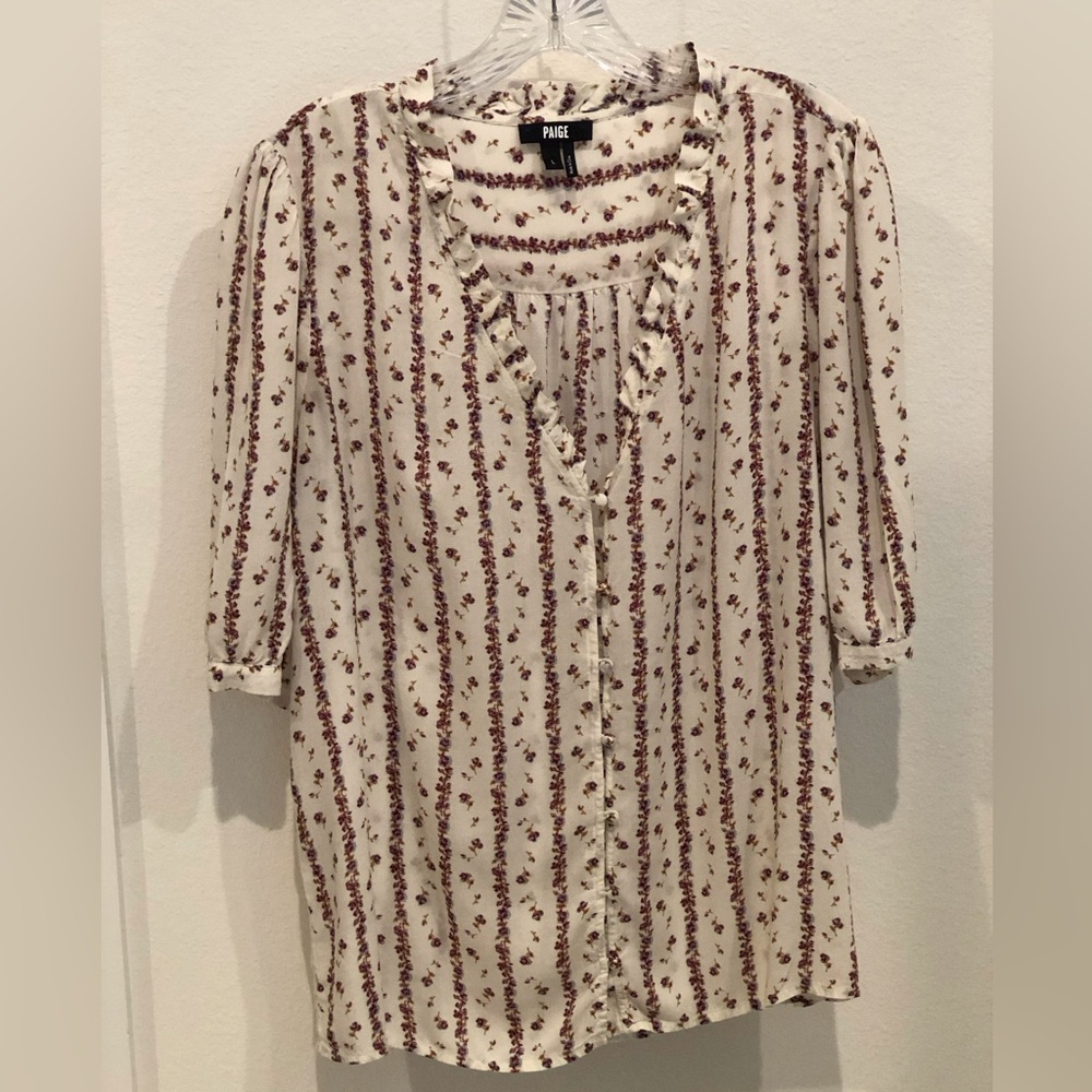 Paige Provence Button Front Short Sleeve Floral Blouse Size Large